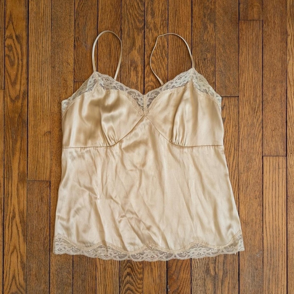Beige Silk Satin Lace Trim Cami Tank Top Blouse